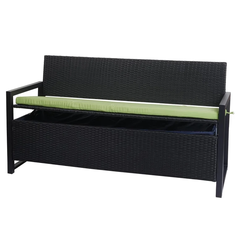 Banquette coffre de jardin 3 places en polyrotin anthracite avec compartiment de rangement coussin vert 04_0005804