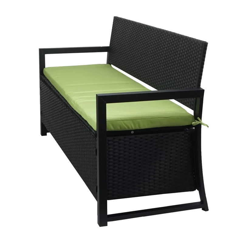 Banquette coffre de jardin 3 places en polyrotin anthracite avec compartiment de rangement coussin vert 04_0005804