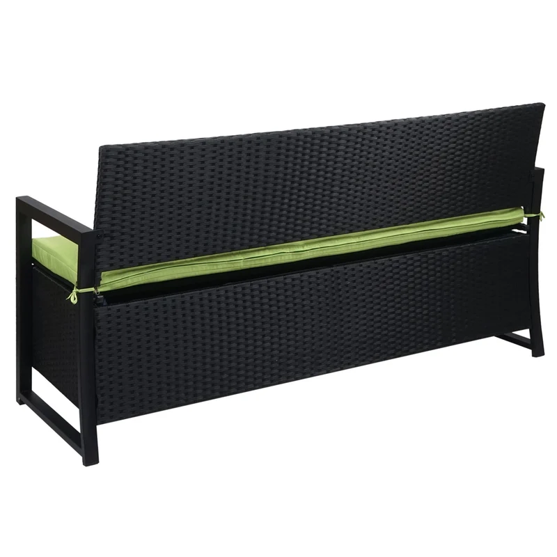 Banquette coffre de jardin 3 places en polyrotin anthracite avec compartiment de rangement coussin vert 04_0005804