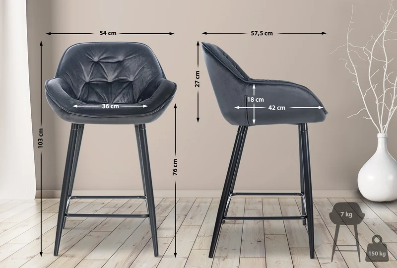 Lot de 2 tabourets de bar moderne en velours gris foncé assise enveloppante capitonnée pieds métal noir 10_0006052
