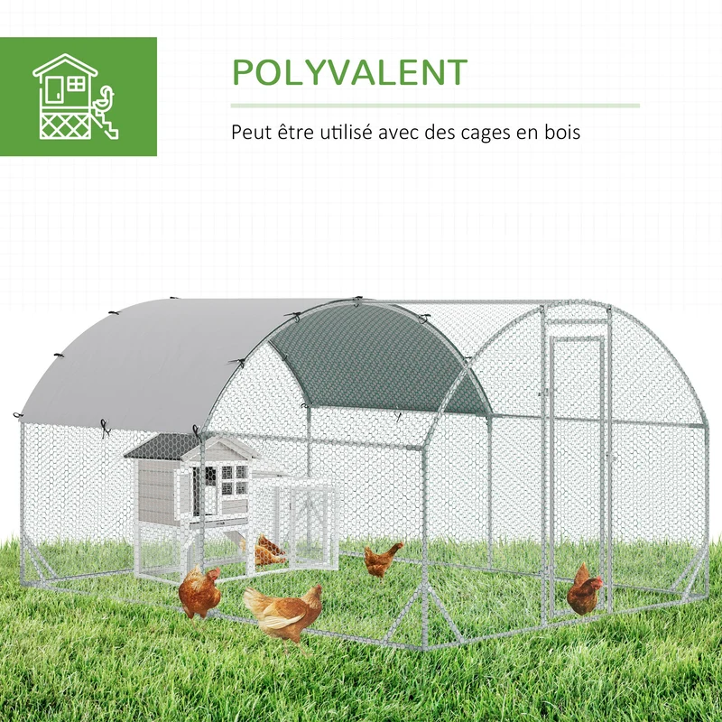 Enclos poulailler grillagé extérieur 280 x 380 x 197 cm toit antiuv porte sécurisée rustique en acier galvanisé argent 21_0007945
