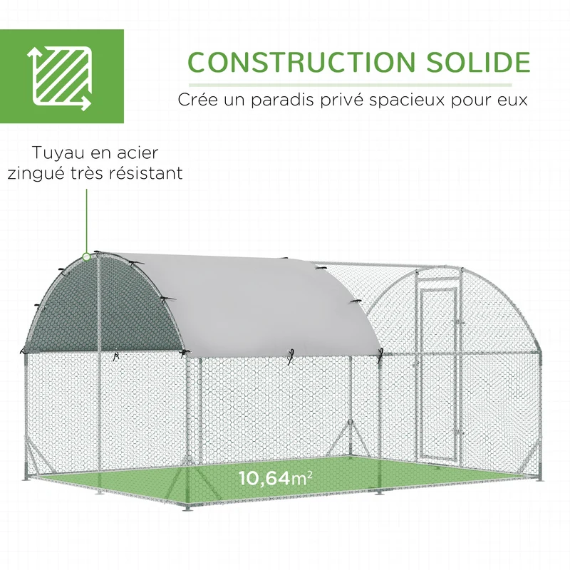 Enclos poulailler grillagé extérieur 280 x 380 x 197 cm toit antiuv porte sécurisée rustique en acier galvanisé argent 21_0007945