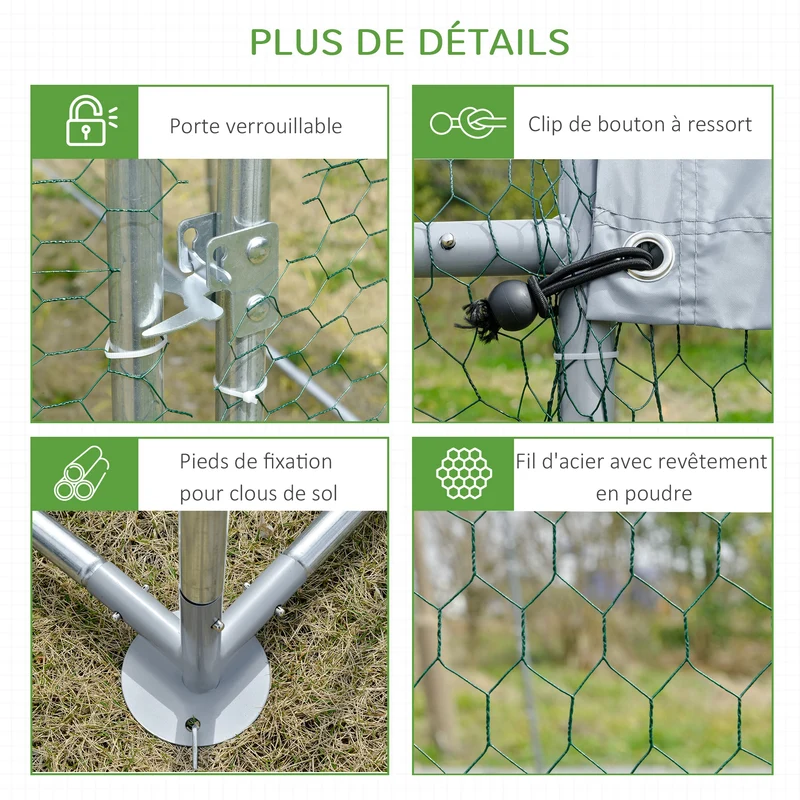 Enclos poulailler grillagé extérieur 280 x 380 x 197 cm toit antiuv porte sécurisée rustique en acier galvanisé argent 21_0007945