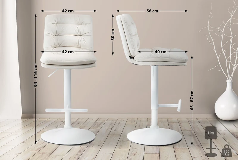 Lot de 2 tabourets de bar avec repose-pieds et dossier assise rembourré en velours crème et métal blanc 10_0006749