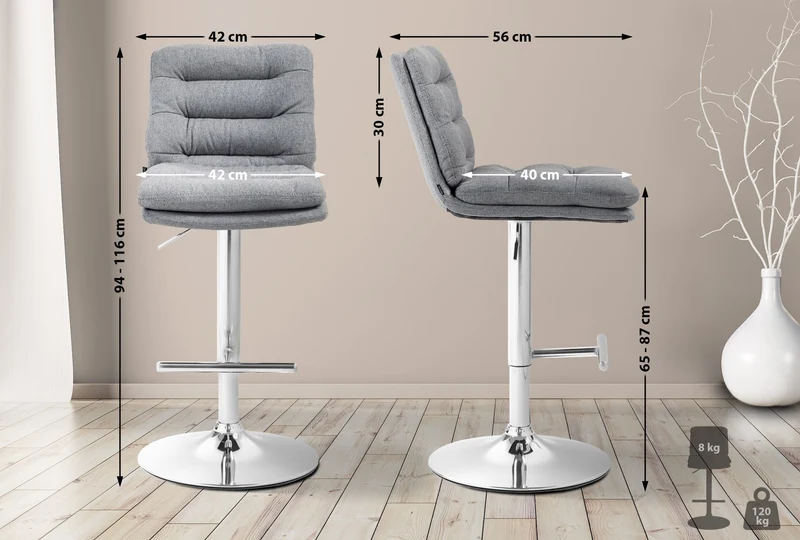 Lot de 2 tabourets de bar avec repose-pieds et dossier assise rembourré en tissu gris et métal chromé 10_0006585