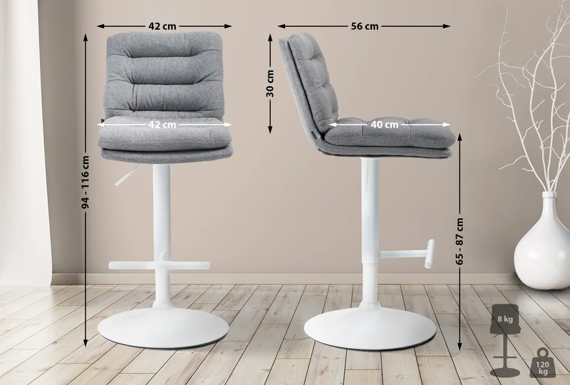 Tabouret de bar x1 repose-pieds et dossier assise rembourré en tissu gris et métal blanc 10_0006509