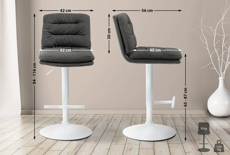 Tabouret de bar x1 repose-pieds et dossier assise rembourré en tissu gris foncé et métal blanc 10_0006508