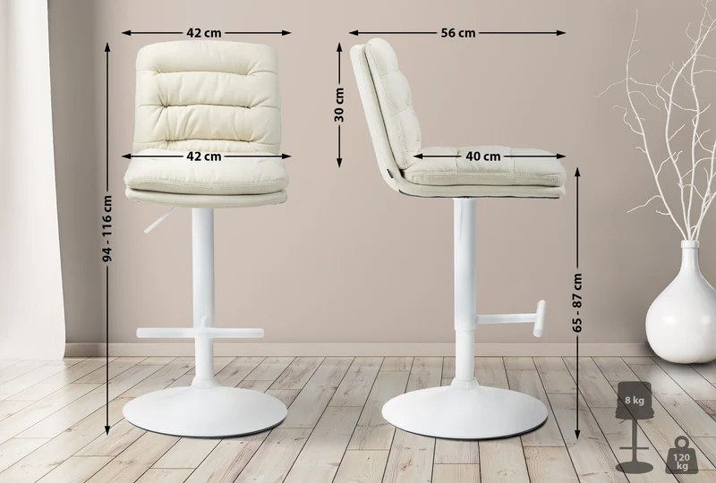 Tabouret de bar x1 repose-pieds et dossier assise rembourré en tissu crème et métal blanc 10_0006507