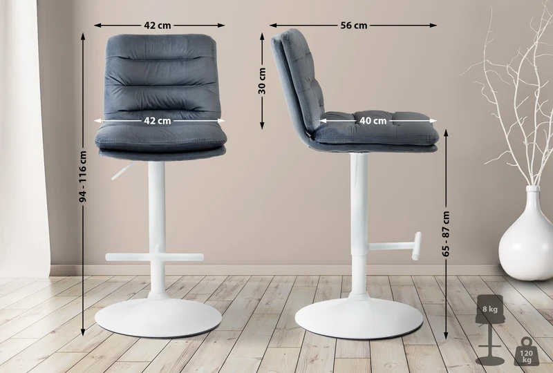 Tabouret de bar x1 repose-pieds et dossier assise rembourré en velours gris foncé et métal blanc 10_0006498