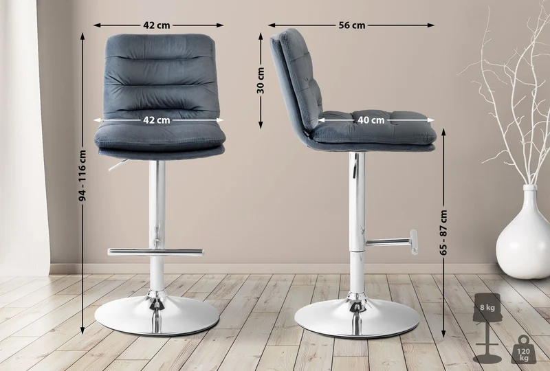 Lot de 2 tabourets de bar avec repose-pieds et dossier assise rembourré en velours gris foncé et métal chromé 10_0006471