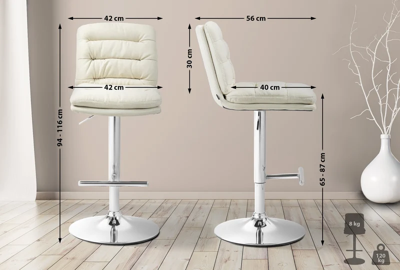 Lot de 2 tabourets de bar avec repose-pieds et dossier assise rembourré en tissu crème et métal chromé 10_0006431
