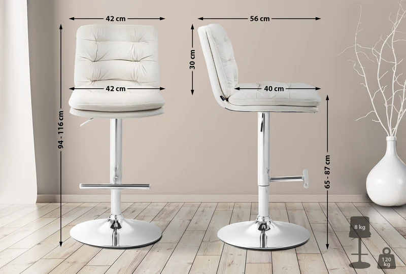 Tabouret de bar x1 repose-pieds et dossier assise rembourré en velours crème et métal chromé 10_0006235