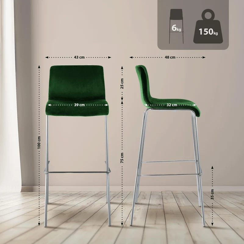Tabouret de bar x1 dossier bas 4 pieds en métal chromé assise en velours vert 10_0005947