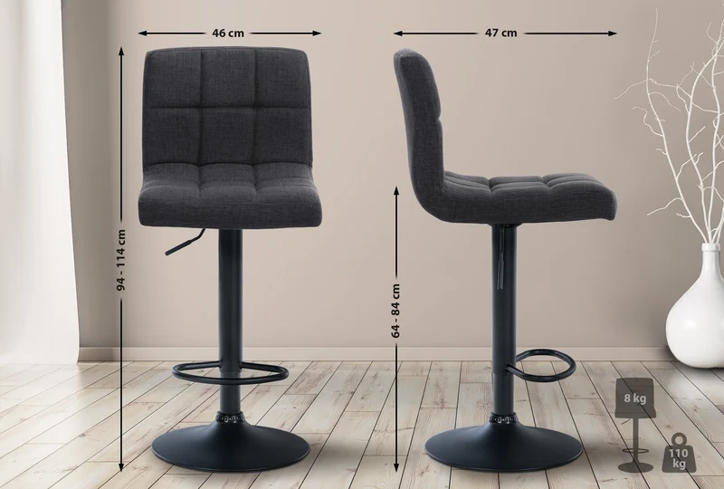 Lot de 2 tabourets de bar style contemporain en tissu matelassé gris foncé cadre métal noir 10_0006132