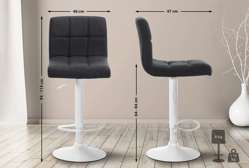 Tabouret de bar x1 style contemporain en tissu matelassé gris foncé cadre métal blanc 10_0005785