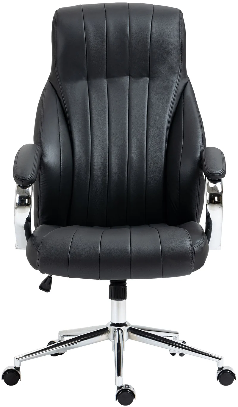 Fauteuil de bureau forme ergonomique pivotant à 360° en véritable cuir noir et métal chromé 10_0002715