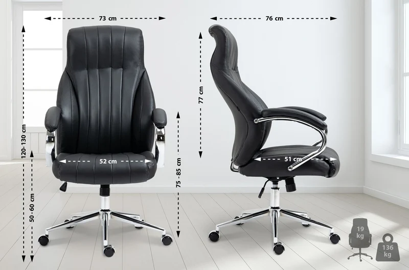 Fauteuil de bureau forme ergonomique pivotant à 360° en véritable cuir noir et métal chromé 10_0002715