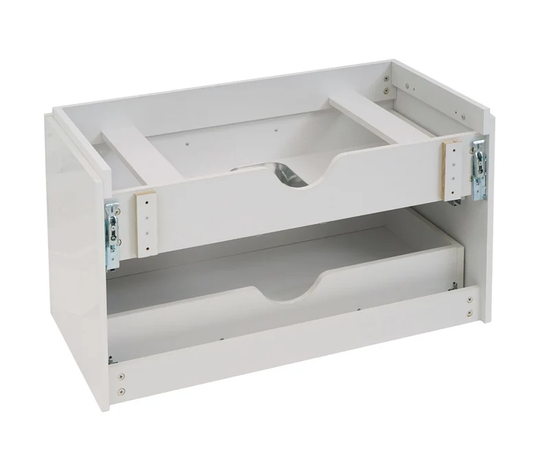 Meuble sous-vasque 90 cm suspendu 2 tiroirs Soft-Close encoche siphon style moderne contreplaqué blanc brillant 04_0010531