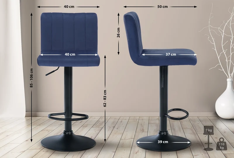 Lot de 2 tabourets de bar pivotant hauteur réglable assise surpiqué en velours bleu et métal noir 10_0004224