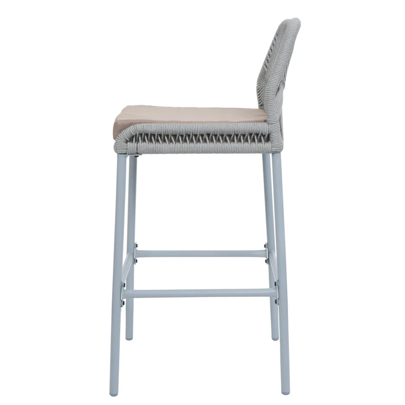 Lot de 2 tabourets de bar style moderne intérieur et extérieur en métal gris et tressage corde coussins taupe 04_0009636