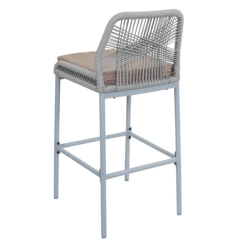 Lot de 2 tabourets de bar style moderne intérieur et extérieur en métal gris et tressage corde coussins taupe 04_0009636