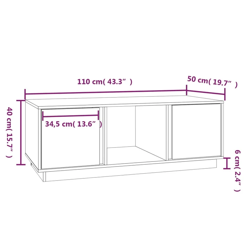 Table basse de salon 3 compartiments et 2 portes design moderne 110 x 50 x 40 cm bois massif de pin blanc DEC037846
