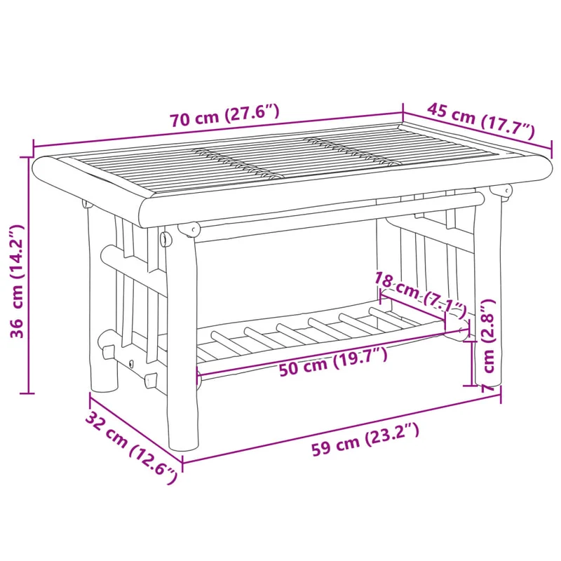 Table basse de salon design exotique 70 x 45 x 36 cm bambou avec une finition naturelle DEC037129