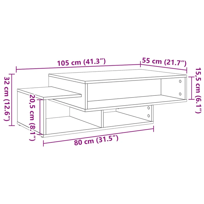 Table basse 3 compartiments design rustique 105 x 55 x 32 cm bois d'ingénierie couleur chêne DEC038293