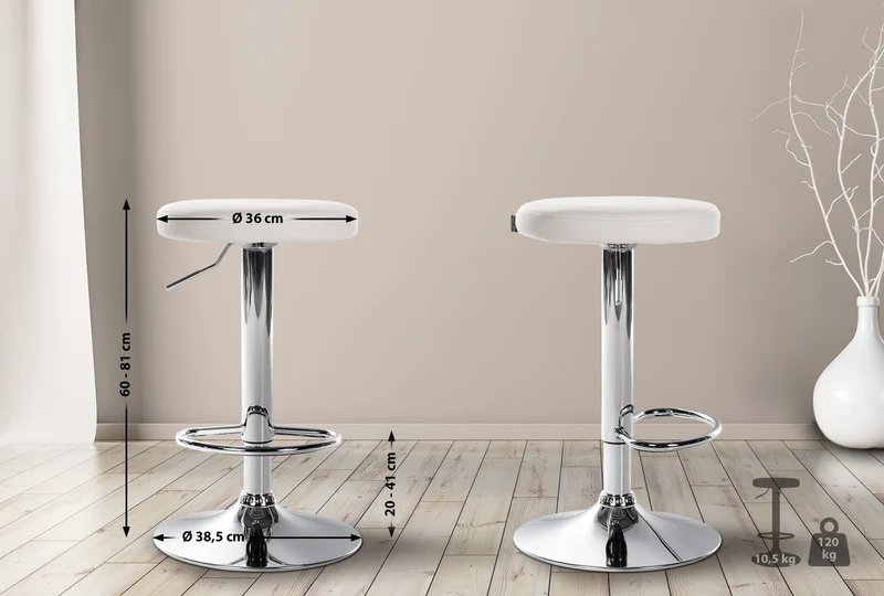 Tabouret de bar x1 design simple hauteur réglable revêtement en PVC blanc pieds en métal aspect chromé 10_0005342