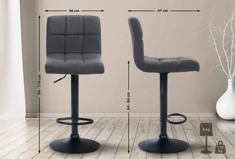 Tabouret de bar x1 style contemporain en tissu matelassé gris clair cadre métal noir 10_0006456