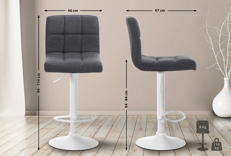 Tabouret de bar x1 style contemporain en tissu matelassé gris clair cadre métal blanc 10_0006455