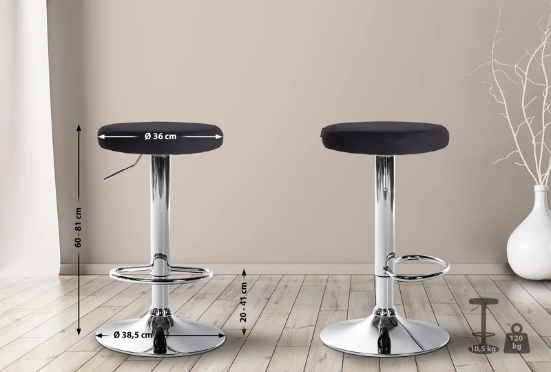 Tabouret de bar x1 design simple hauteur réglable revêtement en velours noir pieds en métal chromé 10_0005744