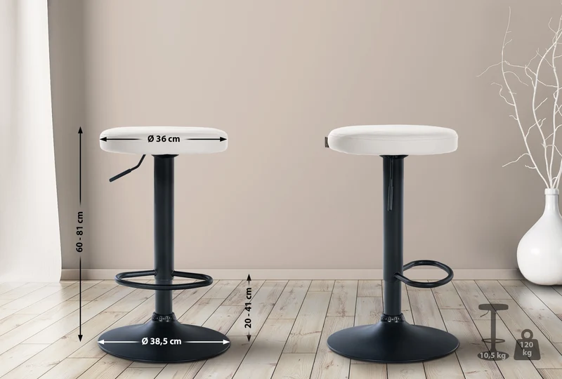 Tabouret de bar x1 design simple hauteur réglable revêtement en PVC blanc pieds en métal noir 10_0005344