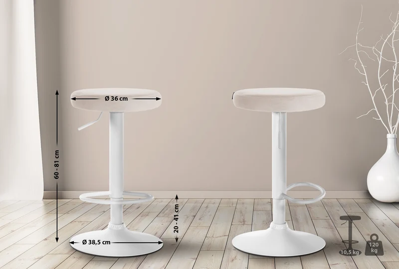 Tabouret de bar x1 design simple hauteur réglable revêtement en velours crème pieds en métal blanc 10_0005355