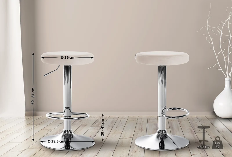 Lot de 2 tabourets de bar avec assise en tissu velours crème et cadre métal chromé TDB10713