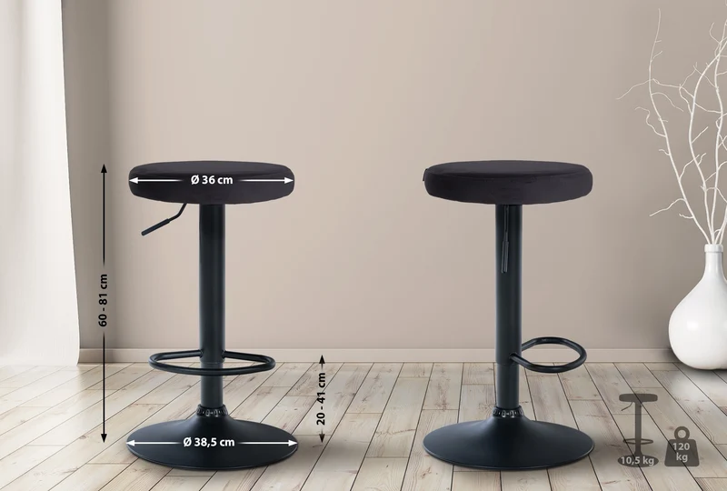 Lot de 2 tabourets de bar avec assise en tissu velours noir et cadre métal noir TDB10710