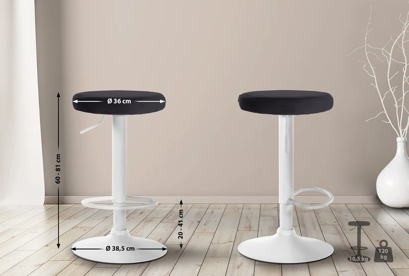 Lot de 2 tabourets de bar avec assise en tissu velours noir et cadre métal blanc TDB10703