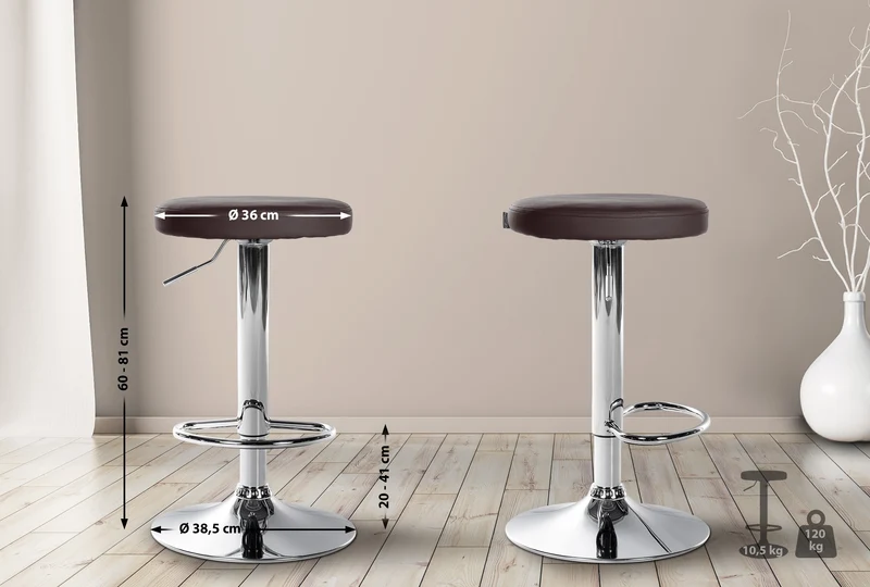 Lot de 2 tabourets de bar design simple avec assise en synthétique marron et cadre métal chromé TDB10690