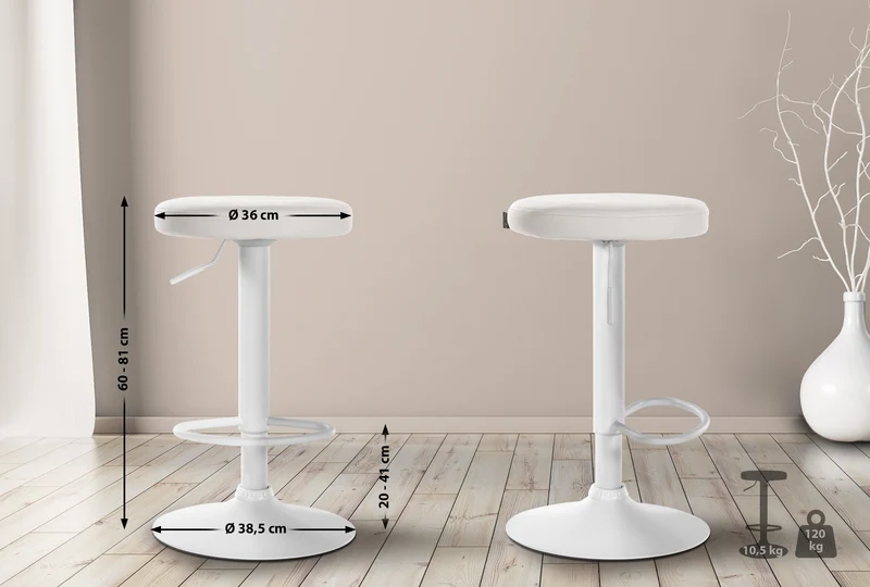 Tabouret de bar x1 design simple hauteur réglable revêtement en PVC blanc pieds en métal blanc 10_0005346