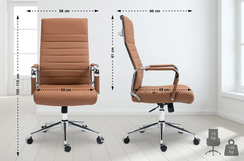 Fauteuil de bureau avec accoudoirs siège pivotant mécanisme à bascule en cuir véritable marron clair 10_0002518