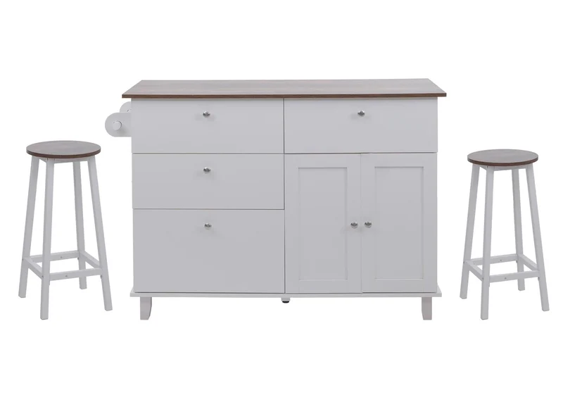 Îlot de cuisine avec 2 tabourets meuble de rangement avec 4 tiroirs et 2 portes 90x131x47 cm blanc et bois foncé 04_0008789
