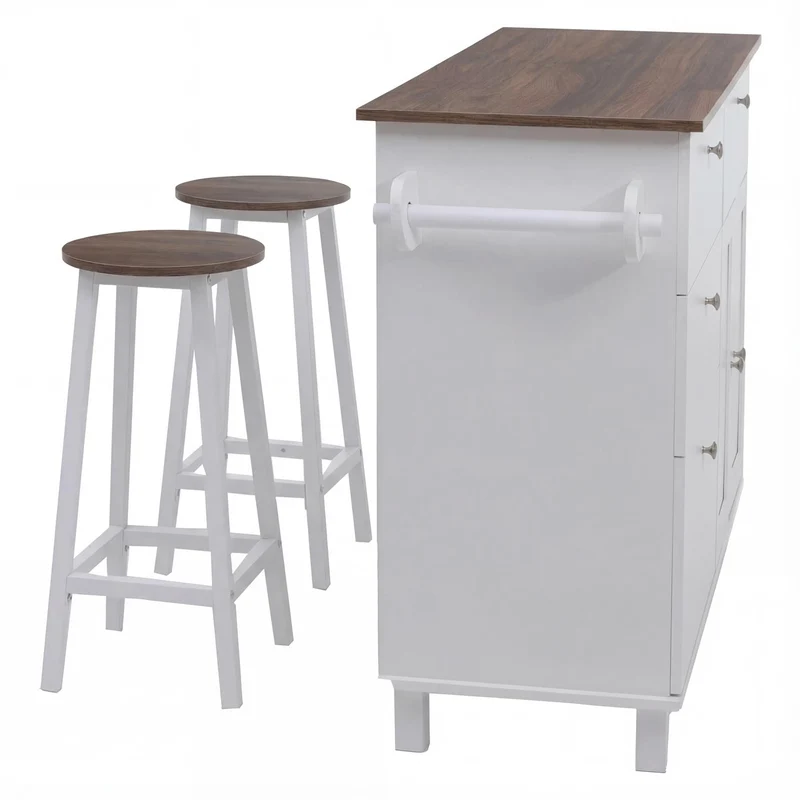 Îlot de cuisine avec 2 tabourets meuble de rangement avec 4 tiroirs et 2 portes 90x131x47 cm blanc et bois foncé 04_0008789