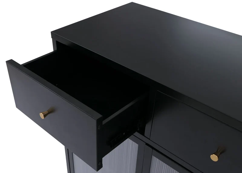 Commode industrielle en métal noir avec portes en verre strié 2 tiroirs et étagère réglable 96x80x40 cm 04_0008874