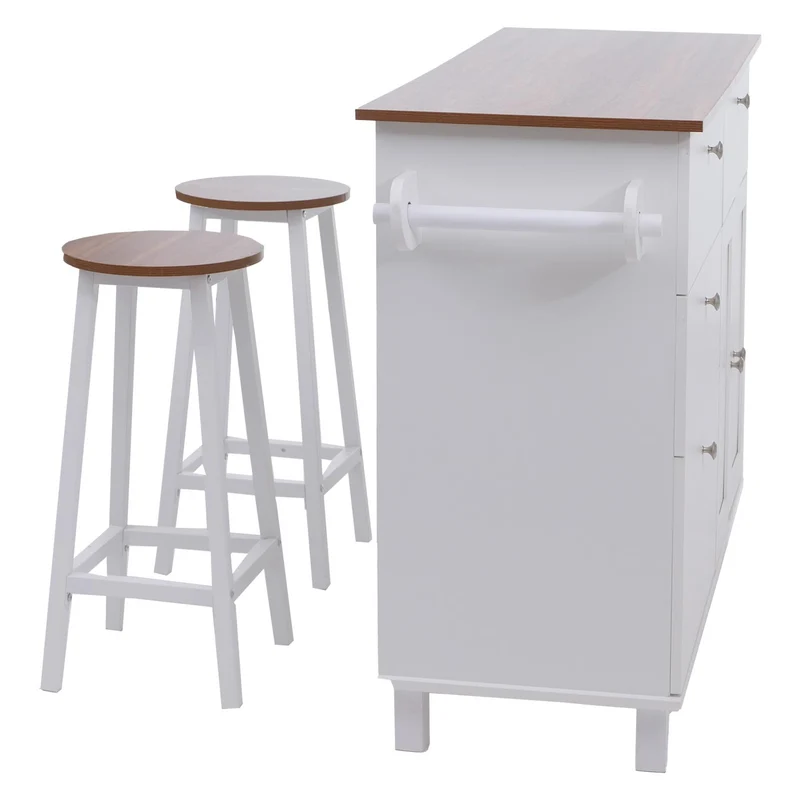 Îlot de cuisine avec 2 tabourets meuble de rangement avec 4 tiroirs et 2 portes 90x131x47 cm blanc et bois clair 04_0008793