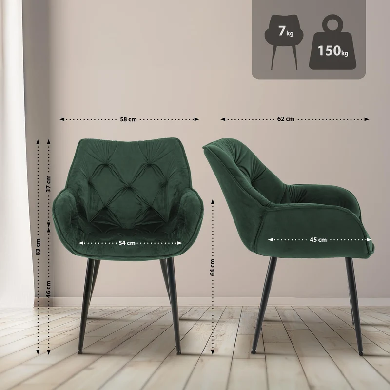 Chaise de salle à manger x1 coutures décoratives en velours vert et pieds en métal noir 10_0007288