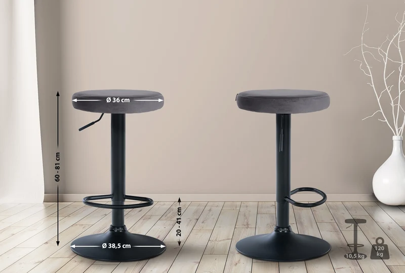 Lot de 2 tabourets de bar design simple hauteur réglable revêtement en velours gris foncé pieds en métal noir 10_0006810