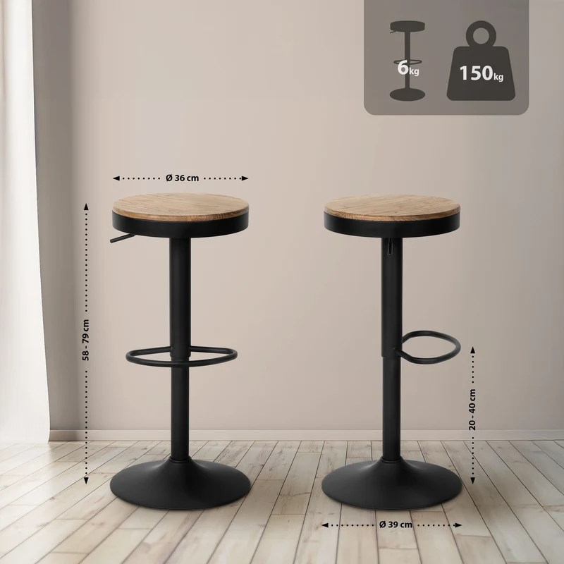 Tabouret de bar x1 style industriel – Assise en bois et pied métal noir réglable et pivotant 10_0006568