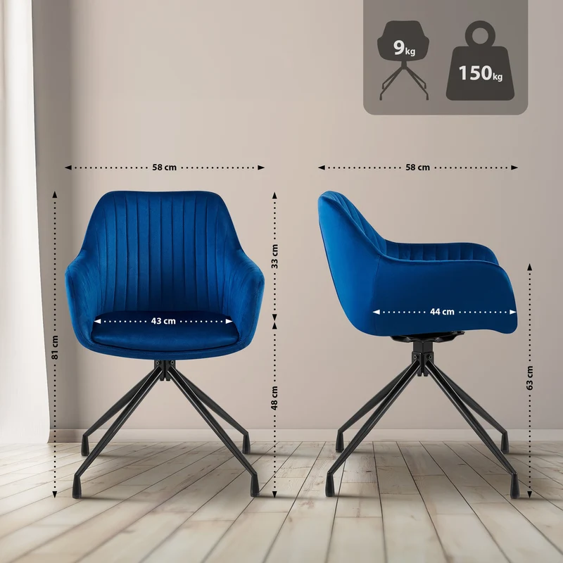 Lot de 2 fauteuils en velours bleu à piétement étoile en métal noir – Chaise style contemporain 10_0007680