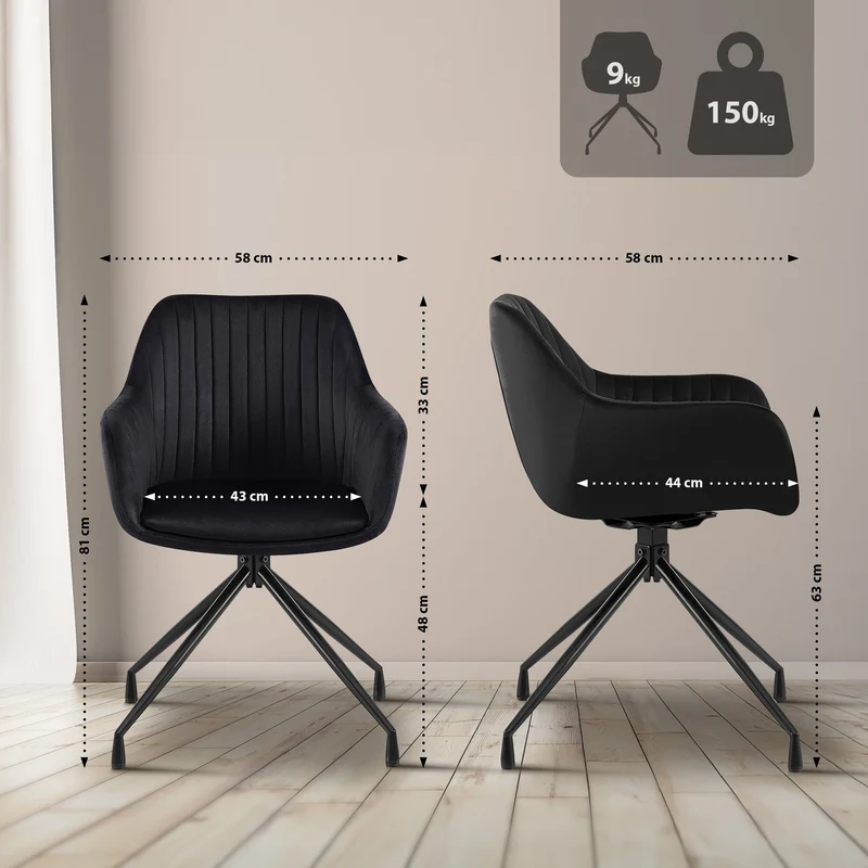 Lot de 2 fauteuils en velours noir à piétement étoile en métal noir – Chaise style contemporain 10_0007636
