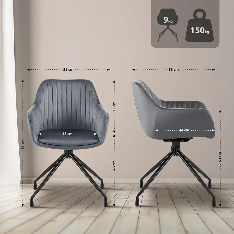Lot de 2 fauteuils en velours gris foncé à piétement étoile en métal noir – Chaise style contemporain 10_0007572